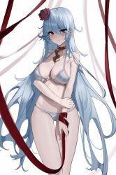 Rule 34 | 1girl, absurdres, arena of valor, bare shoulders, bikini, blue hair, blush, breasts, cleavage, closed mouth, commission, flower, hair flower, hair ornament, highres, large breasts, long hair, looking at viewer, maanu, pixiv commission, purple eyes, red ribbon, ribbon, sinestrea (arena of valor), solo, swimsuit, thigh gap, thighs, white background, white bikini