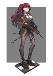 Rule 34 | 1girl, black footwear, black gloves, black pantyhose, blunt bangs, blush, boots, breasts, brown hair, bullpup, collar, collared shirt, full body, girls&#039; frontline, gloves, grey background, gun, hair ribbon, half updo, highres, holding, holding gun, holding weapon, jiachong jun z, large breasts, long hair, long sleeves, looking at viewer, necktie, neckwear request, one side up, pantyhose, parted lips, red eyes, red necktie, red ribbon, ribbon, rifle, scope, shirt, simple background, skirt, sniper rifle, solo, standing, wa2000 (girls&#039; frontline), walther, walther wa 2000, weapon