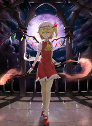 Rule 34 | &gt;:d, 1girl, :d, ascot, bare legs, blonde hair, bobby socks, female focus, fire, fire, flandre scarlet, frilled skirt, frills, full moon, grin, highres, laevatein, looking at viewer, magic, mary janes, miniskirt, moon, night, night sky, open mouth, red eyes, red skirt, reflection, shoes, shouin, side ponytail, skirt, skirt set, sky, smile, socks, solo, embodiment of scarlet devil, touhou, v-shaped eyebrows, vest, wrist cuffs