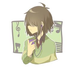 Rule 34 | 1other, airpods, antenna hair, brown hair, closed mouth, collared sweater, colored skin, cropped torso, deltarune, fingernails, green sweater, hair over eyes, holding, holding phone, komugiko (bitte komu), kris (deltarune), listening to music, long sleeves, outline, phone, short hair, striped clothes, striped sweater, sweater, upper body, white background, white outline, wireless earphones, yellow skin, yellow sweater
