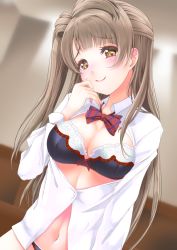 Rule 34 | 1girl, black bra, blonde hair, blush, bra, breasts, cleavage, dress shirt, frapowa, hand on own chin, lace, lace-trimmed bra, lace trim, long hair, love live!, love live! school idol project, medium breasts, minami kotori, navel, open clothes, open shirt, panties, shirt, smile, solo, underwear
