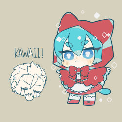 Rule 34 | 1boy, :3, animal ears, apron, blue eyes, blue hair, bow, capelet, cat ears, cat tail, chibi, chibi inset, closed eyes, cosplay, crying, dress, grey background, gumball watterson, hair between eyes, hood, hood up, little red riding hood, little red riding hood (grimm), little red riding hood (grimm) (cosplay), looking at viewer, nemu maru, outstretched arms, personification, red bow, red capelet, red footwear, red hood, simple background, solo focus, spread arms, standing, streaming tears, tail, tears, the amazing world of gumball, waist apron, white apron
