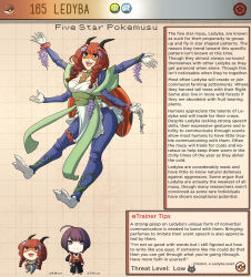 Rule 34 | 1boy, 1girl, arthropod girl, braid, character profile, creatures (company), english text, extra arms, game freak, gen 2 pokemon, highres, kinkymation, ledyba, monster girl, nintendo, open mouth, pokemon, purple hair, red hair, smile, solo, twin braids, twintails