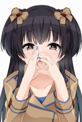 Rule 34 | 1girl, aria (koiiroharemoyou), aroused, black hair, blue nails, blush, bow, brown bow, brown jacket, collarbone, commentary, crossed bangs, drooling, eyelashes, fellatio gesture, hair between eyes, hair bow, hands up, heart, heart-shaped pupils, highres, idolmaster, idolmaster shiny colors, jacket, long hair, long sleeves, looking at viewer, mayuzumi fuyuko, mouth drool, nail polish, naughty face, nose blush, open mouth, oral invitation, saliva, saliva on hand, sidelocks, simple background, solo, straight-on, straight hair, symbol-shaped pupils, tongue, tongue out, two side up, upper body, very long hair, white background