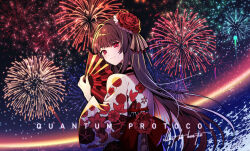 Rule 34 | 1girl, alternate costume, artist name, aurora (quantum protocol), back bow, black choker, bow, brown hair, choker, closed mouth, commentary, copyright name, english commentary, english text, eyelashes, fireworks, floral print, flower, folding fan, from behind, hair flower, hair ornament, hand fan, hen-tie, holding, holding fan, image sample, japanese clothes, kimono, light blush, long hair, long sleeves, looking at viewer, looking back, night, night sky, official art, official wallpaper, quantum protocol, red bow, red eyes, red flower, sky, smile, solo, straight hair, upper body, watermark, white kimono, wide sleeves