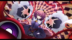 Rule 34 | 1girl, eyeball, foreshortening, hairband, heart, highres, komeiji satori, letterboxed, looking at viewer, outstretched arms, petals, pink hair, purple eyes, reaching, reaching towards viewer, rihito (usazukin), short hair, smile, solo, stained glass, third eye, touhou, wide sleeves