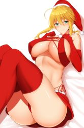 Rule 34 | 1girl, ahoge, aqua eyes, artoria pendragon (fate), artoria pendragon (lancer) (fate), ass, blonde hair, braid, breasts, christmas, elbow gloves, fate/grand order, fate (series), french braid, gloves, hat, highres, huge breasts, looking at viewer, noeomi, red gloves, red hat, red skirt, red thighhighs, santa hat, short hair, skirt, solo, thighhighs