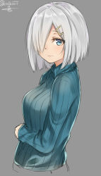 Rule 34 | 10s, 1girl, alternate costume, blue eyes, breasts, closed mouth, from side, grey hair, hair ornament, hair over one eye, hairclip, hamakaze (kancolle), isshiki (ffmania7), kantai collection, looking at viewer, medium breasts, ribbed sweater, short hair, simple background, sketch, solo, sweater, twitter username, upper body