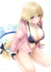 Rule 34 | 1girl, akame (akamiru), bad id, bad twitter id, bikini, bikini under clothes, blonde hair, blue bikini, blush, bow, braid, breasts, cleavage, collarbone, commentary request, fate/apocrypha, fate/grand order, fate (series), hair bow, hood, hoodie, innertube, jacket, jeanne d&#039;arc (fate), jeanne d&#039;arc (ruler) (fate), jeanne d&#039;arc (white cruising) (fate), large breasts, long hair, looking at viewer, looking up, navel, open clothes, open jacket, pink jacket, purple eyes, sandals, seiza, side-tie bottom, simple background, sitting, smile, solo, swim ring, swimsuit, thighs, white background