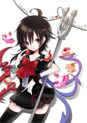 Rule 34 | 1girl, ahoge, asymmetrical wings, black hair, bow, cake, character name, food, fruit, holding, houjuu nue, looking at viewer, polearm, rano8, red eyes, short hair, solo, strawberry, thighhighs, touhou, trident, ufo, weapon, wings, zettai ryouiki