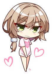 Rule 34 | &gt;:(, 1girl, absurdres, blush stickers, brown hair, casual, chibi, closed mouth, clothes writing, commentary request, covering crotch, covering privates, frown, green eyes, hair between eyes, hair intakes, hair ornament, hair scrunchie, heart, heart print, highres, jitome, long hair, looking at viewer, low side ponytail, mikuni sairi, pink shirt, scrunchie, sesen2000, shirt, shirt tug, short sleeves, simple background, solo, standing, tenshi souzou re-boot!, tsurime, v-shaped eyebrows, white background, white scrunchie, yes