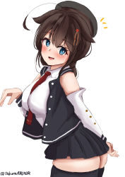 Rule 34 | 1girl, :d, absurdres, ahoge, beret, between breasts, black hat, black jacket, black skirt, black thighhighs, blouse, blue eyes, blush, braid, breasts, brown hair, casual, detached sleeves, from side, hair flaps, hair ornament, hair over shoulder, hat, highres, jacket, kantai collection, large breasts, long hair, looking at viewer, looking to the side, necktie, necktie between breasts, official alternate costume, one-hour drawing challenge, open mouth, pleated skirt, red necktie, sakura ab, shigure (kancolle), shigure kai ni (kancolle), shirt, simple background, single braid, skirt, smile, solo, thighhighs, twitter username, white background, white shirt