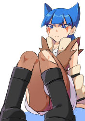 Rule 34 | 1girl, arm support, arm warmers, black footwear, blue eyes, blue hair, blunt bangs, boots, brown pants, brown vest, closed mouth, coin (pokemon), commentary request, creatures (company), facial mark, frown, game freak, knees, kono2noko, looking down, medium hair, nintendo, pants, pigeon-toed, pokemon, pokemon legends: arceus, sitting, solo, vest, white background