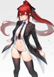 Rule 34 | 1girl, absurdres, black jacket, black necktie, black panties, black thighhighs, bow, breasts, closed mouth, collared shirt, floating hair, frown, gluteal fold, groin, hair bow, highres, jacket, large breasts, long hair, long sleeves, looking at viewer, navel, necktie, no bra, no pants, open clothes, open jacket, original, panties, ponytail, red eyes, red hair, shirt, skindentation, solo, stomach, string panties, thighhighs, thighs, underwear, v-shaped eyebrows, very long hair, white shirt, wing collar, yamanokami eaka