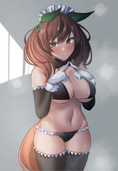 Rule 34 | 1girl, absurdres, alternate costume, animal ears, bikini, black bikini, black thighhighs, blush, breasts, brown eyes, brown hair, commentary request, cowboy shot, detached sleeves, elbow gloves, enmaided, frilled bikini, frilled thighhighs, frills, gloves, highres, horse ears, horse girl, horse tail, index fingers together, large breasts, looking at viewer, maid, maid bikini, maid headdress, medium hair, nice nature (umamusume), parted lips, solo, swimsuit, tail, tf cafe, thighhighs, two-tone gloves, umamusume, unconventional maid, white gloves