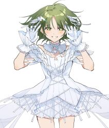 Rule 34 | 1girl, alternate costume, blush, bracelet, cross-laced clothes, dress, gloves, green eyes, green hair, hands up, highres, idolmaster, idolmaster shiny colors, jewelry, looking at viewer, messiah go, nanakusa nichika, short hair, simple background, smile, solo, white background, white dress, white gloves, wing hair ornament