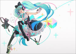 Rule 34 | 1girl, bare shoulders, black bow, black footwear, black pantyhose, black skirt, blue eyes, boots, bow, breasts, colored eyelashes, commentary, frilled skirt, frills, gloves, green hair, green necktie, hair between eyes, hair bow, hakusai (tiahszld), hatsune miku, headphones, high heel boots, high heels, long hair, magical mirai (vocaloid), magical mirai miku, magical mirai miku (2016), md5 mismatch, medium breasts, microphone, microphone stand, necktie, pantyhose, platform footwear, resolution mismatch, shirt, short necktie, skirt, sleeveless, sleeveless shirt, solo, source smaller, sparkle, symbol-only commentary, thigh boots, thighhighs, twintails, very long hair, vocaloid, white background, white gloves, white shirt, white thighhighs