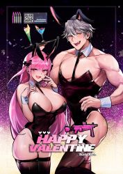 Rule 34 | 1boy, 1girl, absurdres, areola slip, black necktie, blunt bangs, breasts, cleavage, cocktail, cocktail glass, cup, detached collar, drinking glass, eloseu (haribochase), grey hair, hand on own hip, happy valentine, highres, king&#039;s raid, large breasts, leotard, long hair, looking at viewer, mature male, mitra (king&#039;s raid), muscular, muscular male, necktie, pansirone, pantyhose, pink hair, playboy bunny, red eyes, skindentation, strapless, strapless leotard, thighhighs, thighs, tray, wrist cuffs, yellow eyes