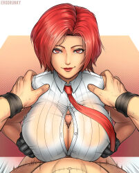 Rule 34 | 1boy, 1girl, breasts, breasts squeezed together, erodrunky, fighting game, hetero, highres, large breasts, looking at viewer, necktie, out of frame, paizuri, paizuri under clothes, penis, pov, pov crotch, pov hands, ramon (kof), shirt, smile, snk, solo focus, striped clothes, striped shirt, the king of fighters, the king of fighters xiv, the king of fighters xv, uncensored, vanessa (kof), vertical-striped clothes, vertical-striped shirt