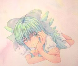 Rule 34 | 1girl, blue eyes, blue hair, bow, cirno, graphite (medium), hair bow, hand in own hair, hand on own cheek, hand on own face, highres, ice, ice wings, light smile, lying, matching hair/eyes, painting (medium), short hair, short sleeves, simple background, smile, solo, touhou, traditional media, watercolor (medium), wings, yuyu (00365676)