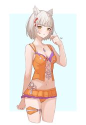 Rule 34 | 1girl, animal ears, bikini, blunt bangs, blush, braided sidelock, breasts, cat ears, chest jewel, commentary request, cropped legs, ewokakupiece, highres, looking at viewer, mio (xenoblade), navel, official alternate costume, orange bikini, parted lips, short hair, small breasts, solo, swimsuit, thigh strap, xenoblade chronicles (series), xenoblade chronicles 3, yellow eyes