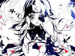 Rule 34 | 1girl, blunt bangs, book, deemo, girl (deemo), gloves, hand on own face, holding, holding book, long hair, looking at viewer, monochrome, pa (944653774), solo, spot color, star-shaped pupils, star (symbol), symbol-shaped pupils