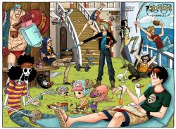 Rule 34 | 2girls, 6+boys, abs, absurdres, animal, apron, arm up, arms up, artist request, bandana, barefoot, barrel, bird, black footwear, black hair, black pants, blonde hair, blue hair, blue headwear, blue sky, book, boots, brook (one piece), cigarette, closed eyes, cloud, cloudy sky, crossed arms, crossed legs, cyborg, denim, door, drink, drinking straw, eyewear on head, feet, fence, food, franky (one piece), front-tie top, glass, glasses, grass, green hair, hair slicked back, hand on own hip, hat, hawaiian shirt, highres, holding, horns, indian style, instrument, jacket, jeans, katana, long hair, long sleeves, looking at another, looking down, lying, male swimwear, monkey d. luffy, multiple boys, multiple girls, muscular, nami (one piece), navel, newspaper, nico robin, ocean, octopus, one-eyed, one piece, open book, open clothes, open jacket, open mouth, open shirt, orange hair, outdoors, paint, panties, pants, personality switch, poster (medium), poster (object), reclining, red male swimwear, red swim briefs, roronoa zoro, sandals, sanji (one piece), scar, shirt, shoes, short sleeves, shorts, sitting, skeleton, sky, sleeping, sleeveless, sleeveless shirt, sleeves rolled up, smile, smirk, smoke, smoking, snail, staff, stairs, standing, star (symbol), star print, straw hat, striped clothes, striped shirt, sunglasses, sweatdrop, swim briefs, swimsuit, sword, t-shirt, tattoo, thousand sunny, toes, tongue, tongue out, tony tony chopper, trafalgar law, tray, underwear, unworn pants, unworn shoes, usopp, violin, walking, water, weapon, white headwear, wristband, yellow shirt