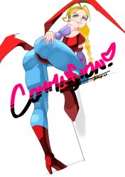 Rule 34 | 1girl, ass, blonde hair, blue eyes, blue pantyhose, boots, braid, cameltoe, cammy white, capcom, commission, cosplay, crossover, hand on own ass, highres, legs, leotard, lilith aensland, lilith aensland (cosplay), long hair, looking back, pantyhose, street fighter, tngkbmarlon, vampire (game), white background