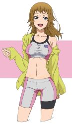 Rule 34 | 10s, 1girl, :d, akitetsu, bad id, bad twitter id, bare shoulders, bike shorts, blue eyes, breasts, brown hair, covered erect nipples, cropped legs, gundam, gundam build fighters, gundam build fighters try, hair down, highres, hoshino fumina, jacket, long hair, medium breasts, midriff, navel, open mouth, skindentation, smile, solo, sports bra, taut clothes, two-tone sports bra