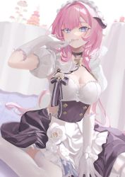 Rule 34 | 1girl, :d, absurdres, alternate costume, blue eyes, breasts, cleavage, cleavage cutout, closed mouth, clothing cutout, elf, elysia (honkai impact), elysia (miss pink elf), elysia (miss pink elf) (honkai impact), enmaided, gloves, grin, highres, honkai (series), honkai impact 3rd, looking at viewer, maid, open mouth, pink hair, pointy ears, ponytail, roena, short sleeves, sitting, smile, teeth, thighhighs, wariza, white gloves, white thighhighs