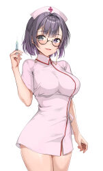 1girl amagi_(amagi626) apple_gumi bikini black_hair breasts cowboy_shot dress glasses grey_eyes hat highres kocho_kurono large_breasts looking_at_viewer nurse nurse_cap pink_dress short_dress short_hair simple_background smile solo standing swimsuit syringe virtual_youtuber white_background