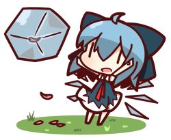 Rule 34 | 1girl, ahoge, arms up, blue hair, bow, cirno, frozen, grass, hair bow, ice, ice wings, nuu (nu-nyu), open mouth, petals, short hair, touhou, wings, | |