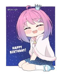 Rule 34 | 1girl, ahoge, candy hair ornament, closed eyes, commentary request, crown, facing viewer, food-themed hair ornament, hair ornament, happy birthday, highres, himemori luna, himemori luna (sundress), hololive, kukie-nyan, open mouth, pink hair, sitting, skirt, solo, twitter username, virtual youtuber, wariza