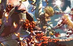 Rule 34 | 1girl, armor, blonde hair, breasts, breath weapon, breathing fire, cleavage, crossover, dark knight (final fantasy), day, dragon, dutch angle, felyne, fictional persona, final fantasy, final fantasy xiv, fire, fisheye, greatsword, holding, holding sword, holding weapon, kanrinin (gyfp4747), leotard, medium hair, monster hunter (series), open mouth, outdoors, rathalos, red eyes, sky, sun, sword, thighhighs, v-shaped eyebrows, warrior of light (ff14), weapon, wyvern