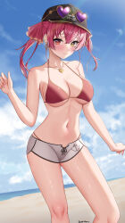 Rule 34 | 1girl, absurdres, artist name, bare arms, bare shoulders, bikini, black headwear, blush, breasts, closed mouth, collarbone, dokimaru, earrings, eyewear on headwear, hair ornament, hair ribbon, hand up, hat, heart, heart-shaped eyewear, heart necklace, heterochromia, highres, hololive, houshou marine, houshou marine (summer), jewelry, large breasts, looking at viewer, medium hair, micro shorts, navel, necklace, red bikini, red eyes, red hair, red ribbon, ribbon, shorts, smile, stomach, sunglasses, swimsuit, thighs, twintails, underboob, virtual youtuber, yellow eyes