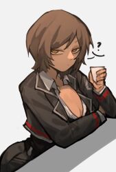 Rule 34 | 1girl, black jacket, breasts, brown hair, cleavage, closed mouth, collared shirt, cup, hand up, highres, holding, holding cup, jacket, limbus company, looking at viewer, medium breasts, orange eyes, outis (project moon), project moon, shigezie, shirt, short hair, simple background, solo, table, white background, white shirt, wing collar
