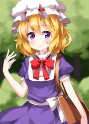 Rule 34 | 1girl, bag, blonde hair, bow, bowtie, brown bag, closed mouth, cowboy shot, dress, forest, hat, hat ribbon, highres, looking at viewer, maribel hearn, mob cap, nature, outdoors, puffy short sleeves, puffy sleeves, purple dress, purple eyes, red bow, red bowtie, red ribbon, ribbon, ruu (tksymkw), short hair, short sleeves, shoulder bag, smile, solo, standing, sweat, touhou, white hat