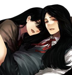 Rule 34 | 2girls, black hair, black skirt, brown jacket, clenched teeth, couple, hoshi san 3, jacket, long hair, looking at another, mole, mole under mouth, multiple girls, original, red ribbon, ribbon, school uniform, shirt, simple background, skirt, teeth, white background, white shirt