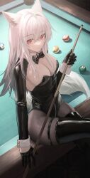 Rule 34 | 1girl, absurdres, animal ears, arknights, ball, billiard ball, black gloves, black leotard, black pantyhose, black thighhighs, boots, bow, bowtie, breasts, brown pantyhose, covered navel, crossed legs, detached collar, detached sleeves, flippy (cripine111), frostleaf (arknights), gloves, highleg, highleg leotard, highres, holding cue stick, latex, leotard, long hair, looking at viewer, on table, pantyhose, pool table, red eyes, shrug (clothing), side-tie leotard, sitting, sitting on table, solo, strapless, strapless leotard, table, tail, thigh boots, thigh strap, thighhighs, white hair, wrist cuffs