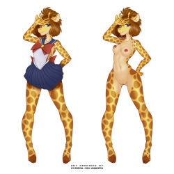 Rule 34 | amadeen, breasts, female focus, full body, furry, furry female, giraffe, highres, looking at viewer, nude, pussy, sailor fuku, simple background