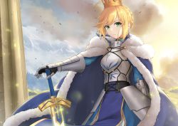 Rule 34 | &gt;:(, 1girl, ahoge, armor, armored dress, artoria pendragon (all), artoria pendragon (fate), blonde hair, blue cape, blue dress, braid, braided bun, breastplate, cape, capelet, cowboy shot, determined, dress, dutch angle, excalibur (fate/stay night), fate/grand order, fate (series), faulds, fur-trimmed capelet, fur trim, gauntlets, green eyes, hair bun, half updo, highres, holding, holding sword, holding weapon, looking at viewer, saber (fate), sidelocks, solo, sword, tsurupy, vambraces, weapon