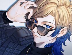Rule 34 | 1boy, adjusting eyewear, black-framed eyewear, black sweater, blonde hair, blue eyes, blue hair, blue lock, bright pupils, closed mouth, commentary, eyeshadow, fingernails, gradient hair, highres, jacket, jewelry, kyul gnsn, lapels, long hair, long sleeves, looking at viewer, makeup, male focus, michael kaiser, multicolored hair, neck tattoo, necklace, notched lapels, plaid, plaid jacket, red eyeshadow, solo, sunglasses, sweater, tattoo, turtleneck, turtleneck sweater, two-tone hair, upper body, white pupils