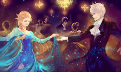 Rule 34 | 1boy, 1girl, alternate costume, blonde hair, blue eyes, ascot, crossover, dancing, disney, dress, elsa (frozen), formal, frozen (disney), jack frost (rise of the guardians), long hair, lowres, rise of the guardians, sequins, white hair