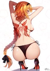 Rule 34 | 1girl, armpits, arms up, ass, back, back tattoo, bikini, bikini bottom aside, bikini pull, black bikini, black footwear, black ribbon, blonde hair, blue eyes, blush, braid, braided ponytail, breasts, butt crack, clothes pull, clothing aside, fate/grand order, fate (series), from behind, full body, gradient hair, high heels, highres, jeanne d&#039;arc (fate), jeanne d&#039;arc (ruler) (fate), long hair, looking at viewer, looking back, medium breasts, multicolored hair, nipple slip, nipples, parted lips, pussy juice, pussy juice trail, red hair, ribbon, side-tie bikini bottom, simple background, single braid, solo, squatting, sweat, swimsuit, tattoo, very long hair, white background, yeooudam