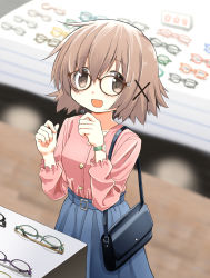 Rule 34 | 1girl, absurdres, alternate costume, bag, bespectacled, blue skirt, blush, breasts, brown hair, collarbone, glasses, hair ornament, handbag, hidamari sketch, highres, long sleeves, looking at viewer, open mouth, percy pyl, short hair, skirt, small breasts, smile, solo, watch, wristwatch, x hair ornament, yuno (hidamari sketch)
