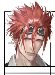 Rule 34 | 1boy, akr noze, black jacket, black suit, collared shirt, facial mark, final fantasy, final fantasy vii, formal, goggles, goggles on head, hair between eyes, jacket, looking at viewer, male focus, parted lips, portrait, red hair, reno (ff7), shirt, short hair, signature, smile, solo, suit, suit jacket, white background, white shirt