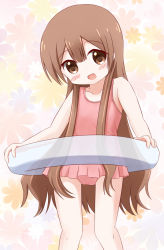 Rule 34 | 1girl, blush, brown eyes, brown hair, casual one-piece swimsuit, child, female focus, flat chest, innertube, long hair, one-piece swimsuit, oomuro-ke, oomuro hanako, open mouth, siousay, smile, solo, swim ring, swimsuit, tube, yuru yuri