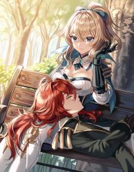 Rule 34 | 1boy, 1girl, ahoge, bench, black jacket, blonde hair, blue capelet, blue eyes, breasts, capelet, cleavage, clenched hand, closed eyes, detached collar, diluc (genshin impact), genshin impact, hair between eyes, high ponytail, jacket, jean (genshin impact), lap pillow, large breasts, low tied hair, lying, multicolored capelet, on back, outdoors, pants, park bench, ponytail, red hair, silence girl, sitting, smile, tight clothes, tight pants, tree, white pants