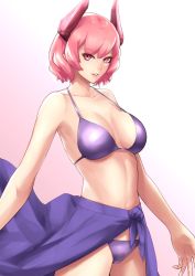 Rule 34 | 1girl, bikini, breasts, cleavage, collarbone, cowboy shot, gradient background, horns, looking at viewer, medium breasts, navel, original, parted lips, pink background, pink hair, purple bikini, red eyes, short hair, solo, standing, swimsuit, white background, z umeshi