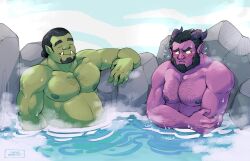 Rule 34 | 2boys, arm hair, averting eyes, bara, beard, belly, chest hair, colored skin, demon boy, facial hair, flying sweatdrops, goatee, green skin, hair bun, hair slicked back, hairy, highres, large pectorals, male focus, mature male, monster boy, multiple boys, muscular, muscular male, navel hair, neeul (dick gumshoe), nude, onsen, orc, original, partially submerged, pectorals, pointy ears, purple skin, relaxing, rock, scorn (dick gumshoe), short hair, simple background, single hair bun, sparse chest hair, steam, stomach, syrupmancer, thick eyebrows, tusks, water, wet, yaoi